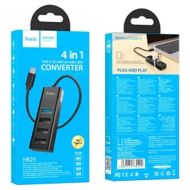 USB-концентратор HOCO HB25, Easy, 4 гнезда, 3хUSB2.0, 1хUSB3.0, кабель Type-C, цвет: чёрный
