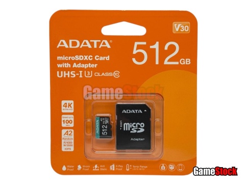 Карта памяти microSDXC UHS-I U3 A-Data Premier Pro 512 ГБ, 100 МБ/с, Class 10, AUSDX512GUI3V30SA2-RA1, 1 шт., переходник SD фото 1